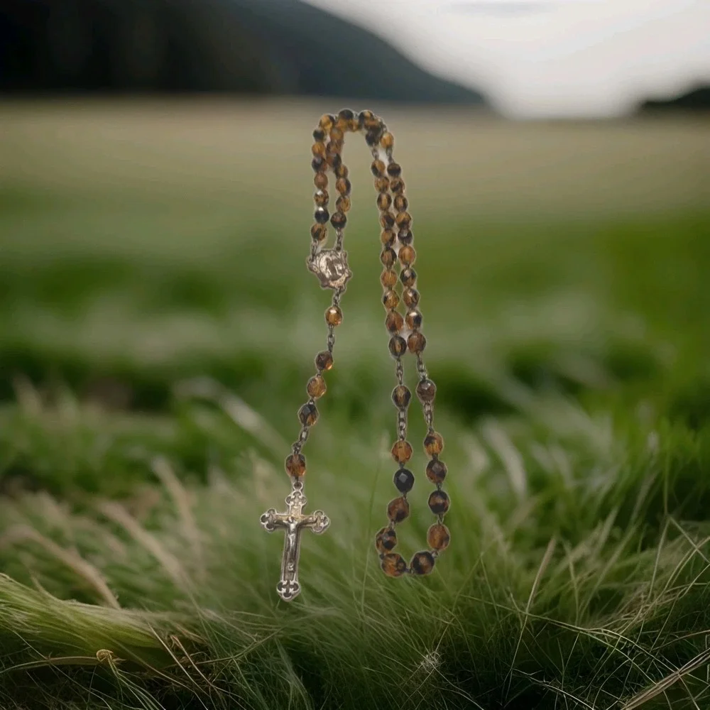 Vintage Golden-Topaz-Colored Sparkly Faceted Glass Bead Silver-Colored Rosary‎
